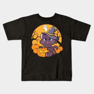 Halloween Cute Cat Pumpkin Witch Hat Kids T-Shirt